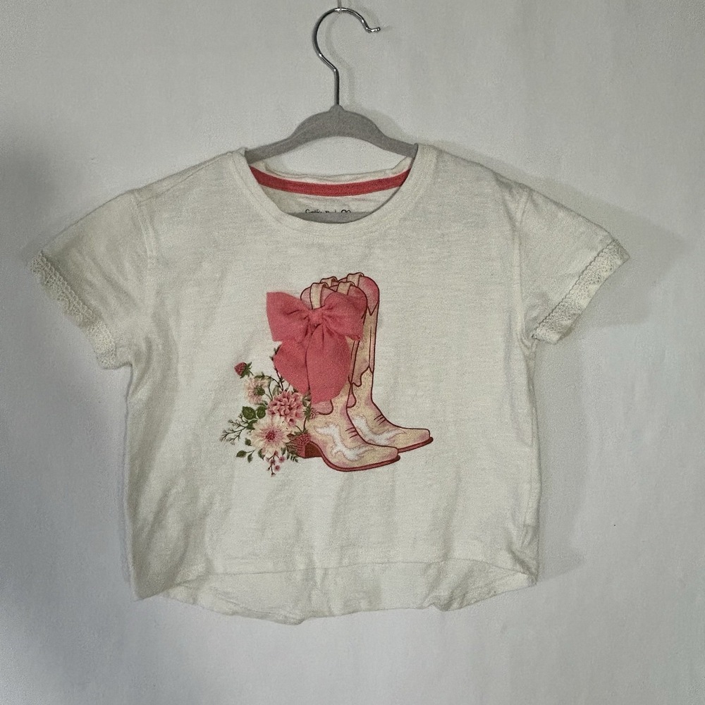 Cynthia Rowley Girls Shirt Cowboy Boots Bow Pullover Western Cream Pink Size 5/6